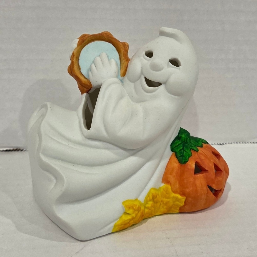 Vintage Ceramic Halloween Ghost Figurine with Tambourine and Pumpkin Decor